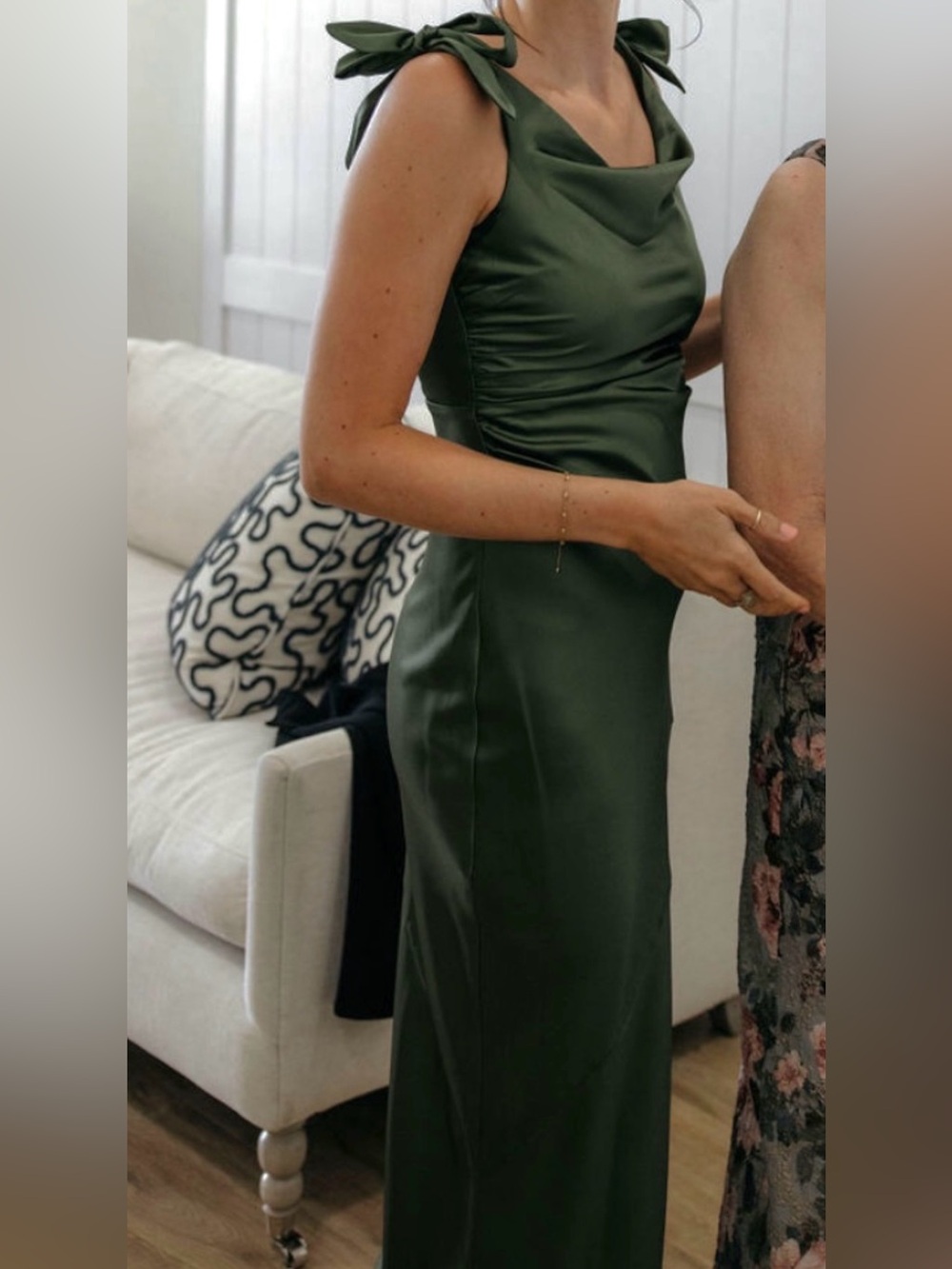 Petal & Pup - Olive Green Satin Bow-Shoulder Cowl Maxi Dress